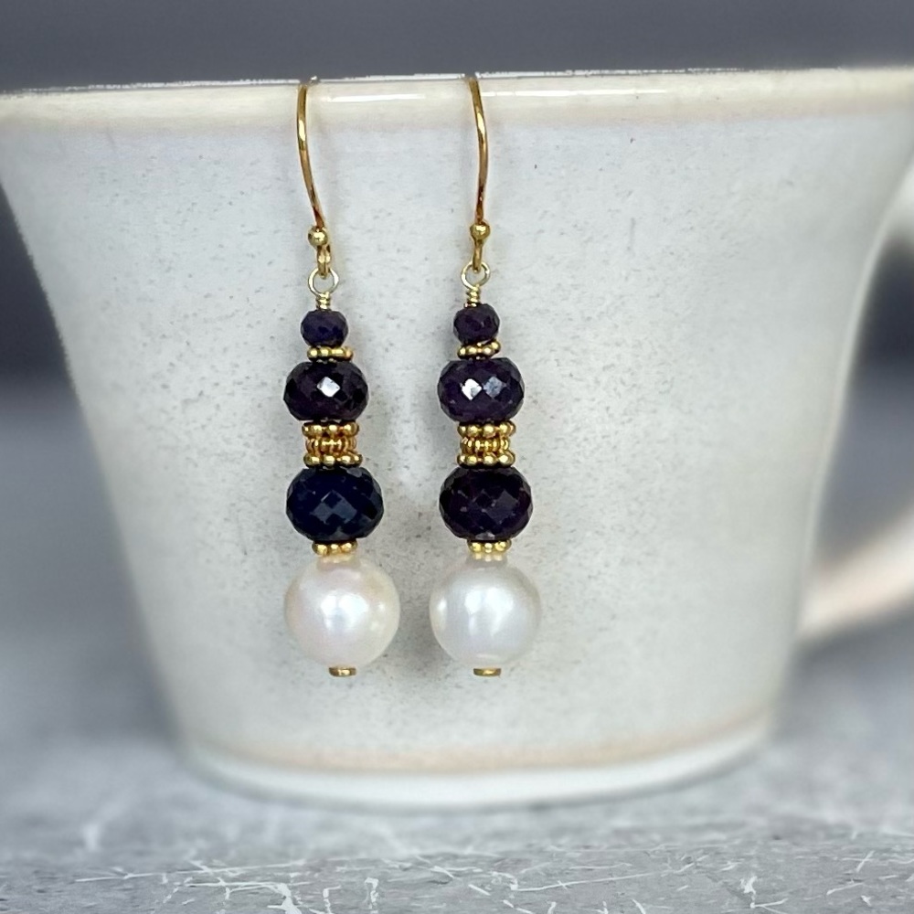 Genuine blue sapphire and white pearl earrings